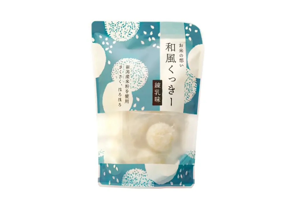 お米の想い 和風くっきー練乳味の優しい青色の和風の風合いのパッケージ。